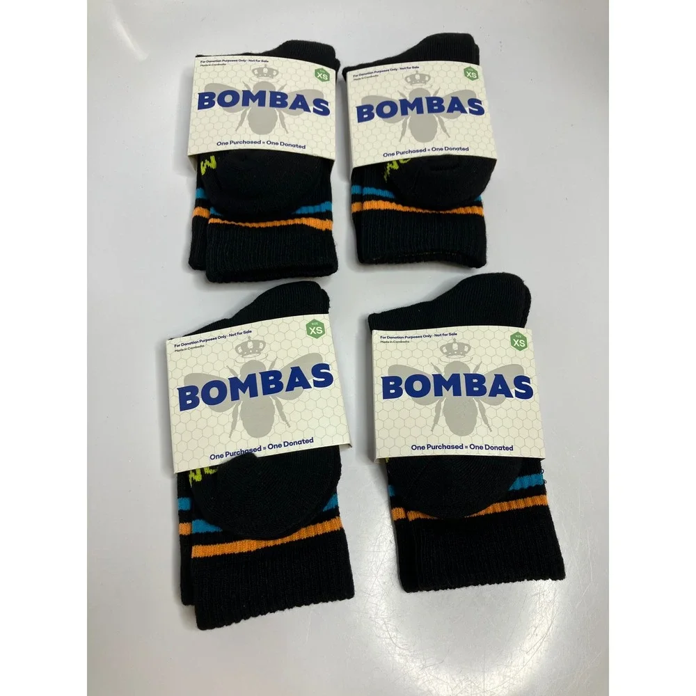 Bombas Crew Socks Kids XS Black NWT 4 Pair Bundle Striped Athletic Cushion
